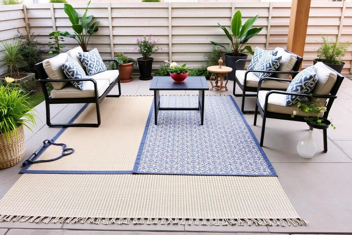 A stylish layered outdoor rug arrangement on a patio with modern outdoor furniture and lush potted plants.