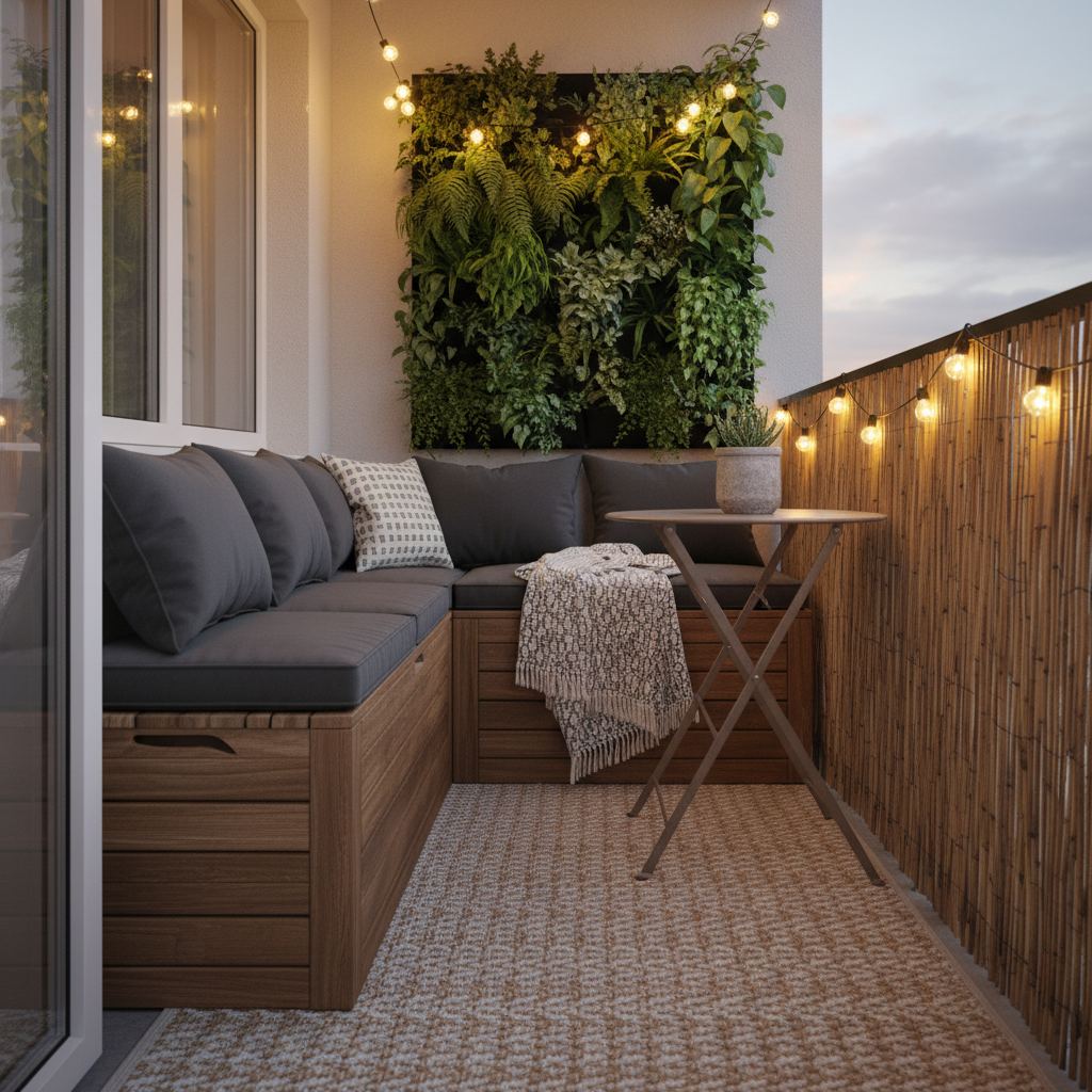 Cozy small balcony decor featuring a woven rug, storage bench, vertical garden, string lights, and bamboo privacy screen.