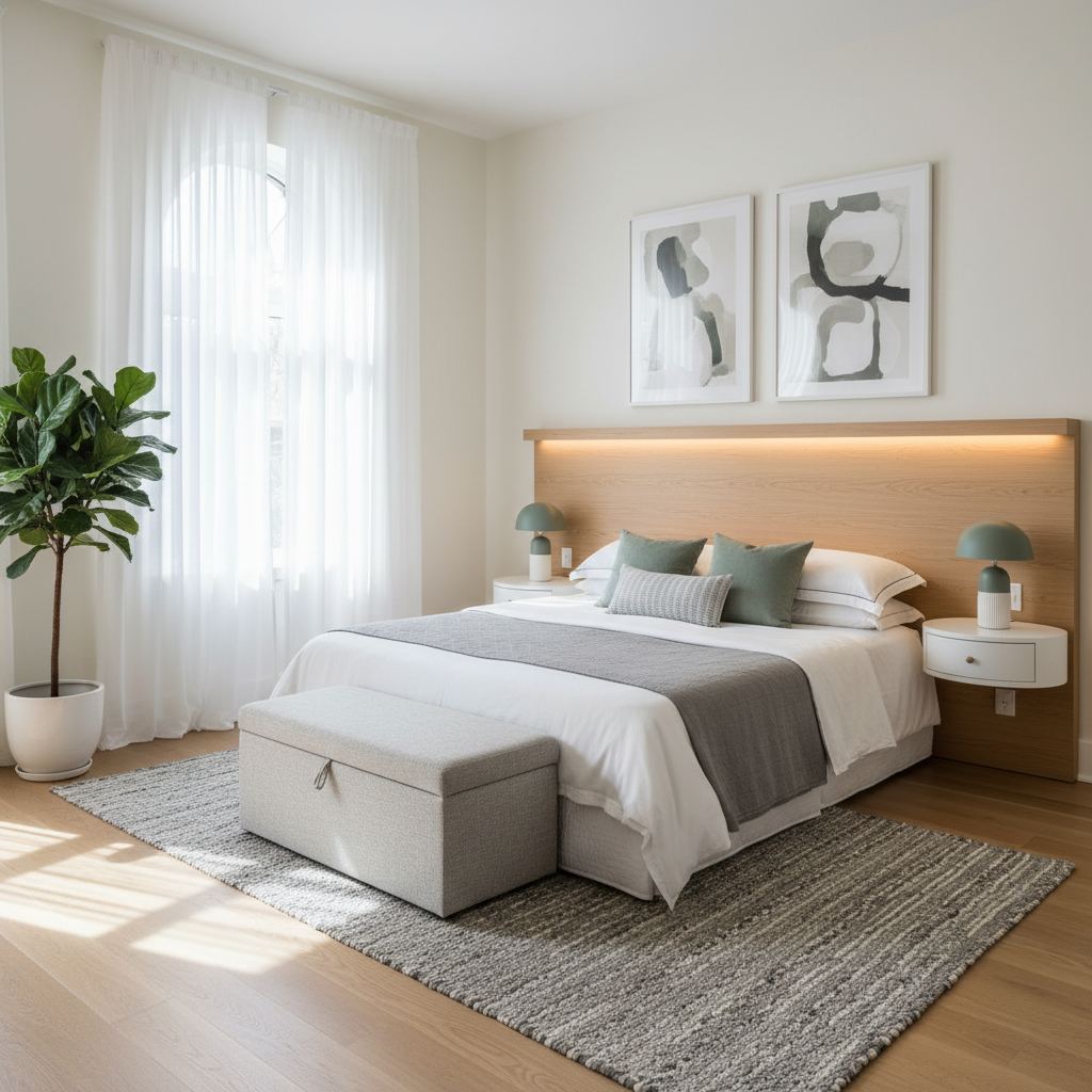 A small bedroom with a floating shelf headboard, wall-mounted nightstands, and a storage ottoman, illustrating space-saving decor.