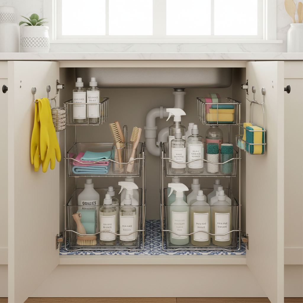 An immaculately organized small kitchen under-sink cabinet, featuring U-shaped pull-out shelves for cleaning supplies, clear storage bins, and hooks on the inside of the cabinet door for sponges and rubber gloves.