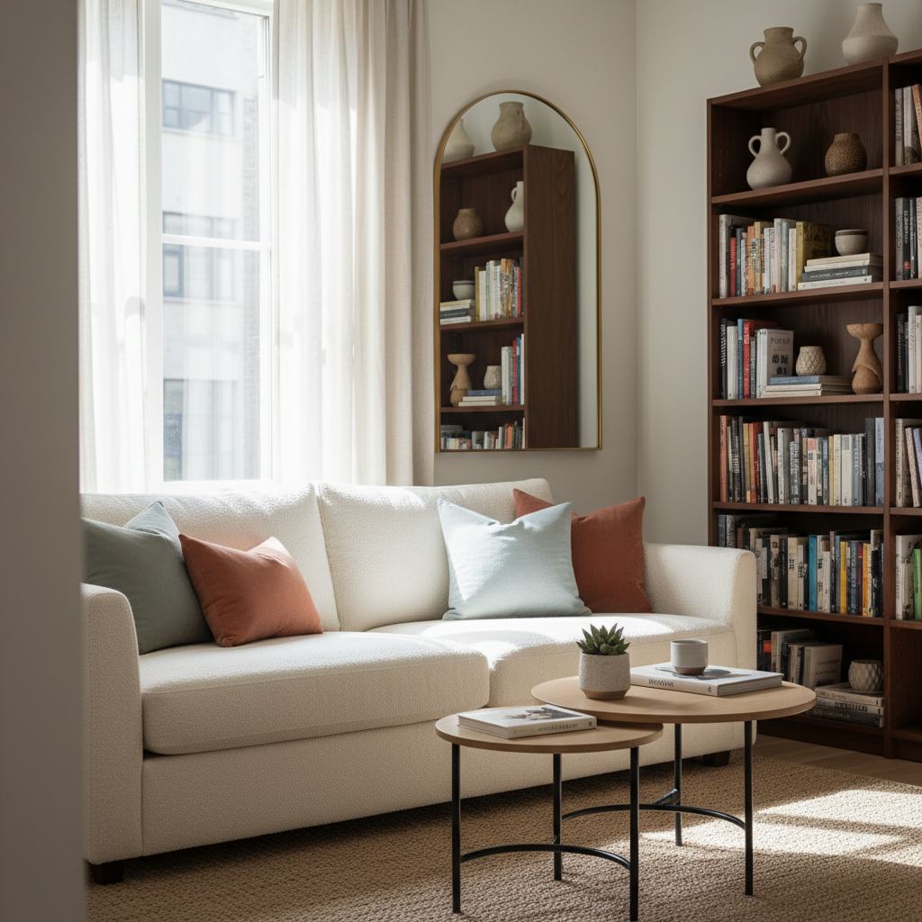 A small, brightly lit living room with a cream sofa, nesting tables, a tall bookshelf, and a large mirror reflecting outdoor light.