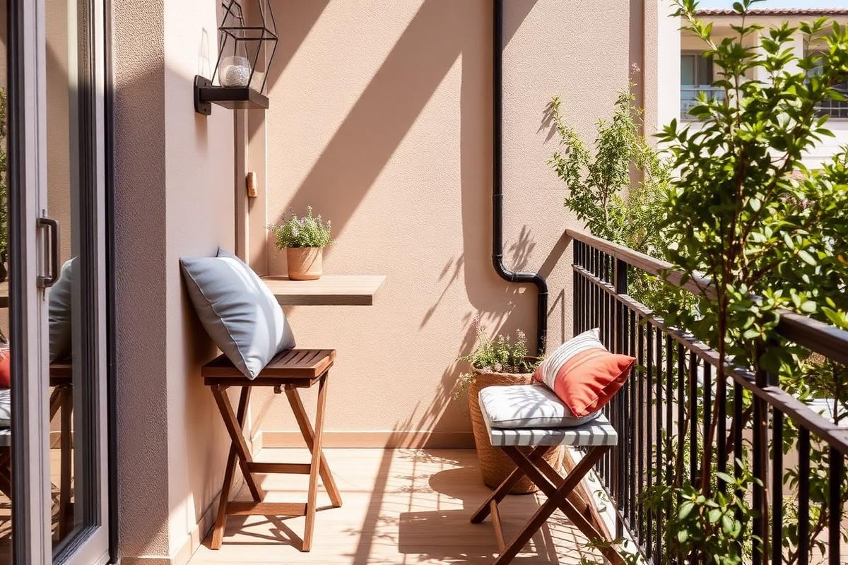 Narrow balcony with a wall-mounted folding table, stackable stools, cushions, and potted plants