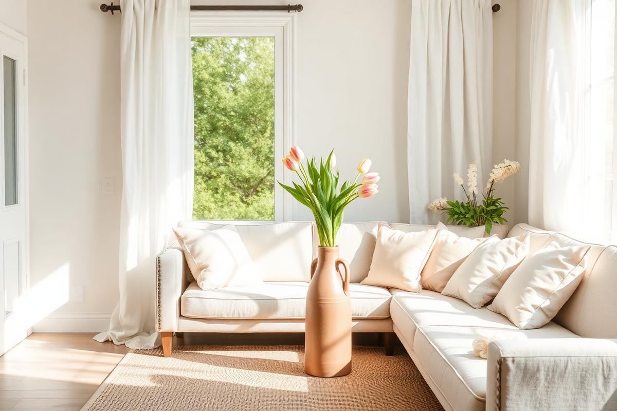 Living room corner with a linen throw, blooming hyacinth, and art books on a side table.