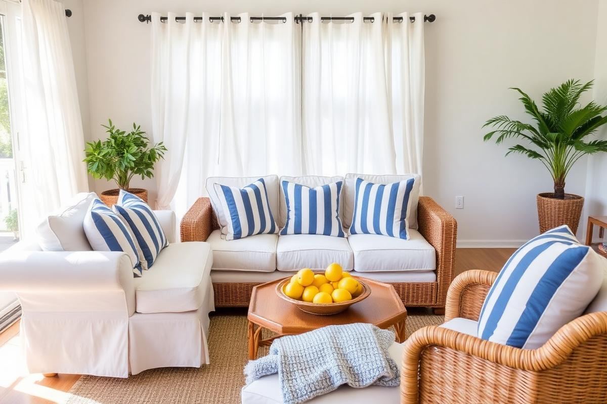 Airy living room with linen sofa, jute rug, and natural decor, softly lit by afternoon sun.