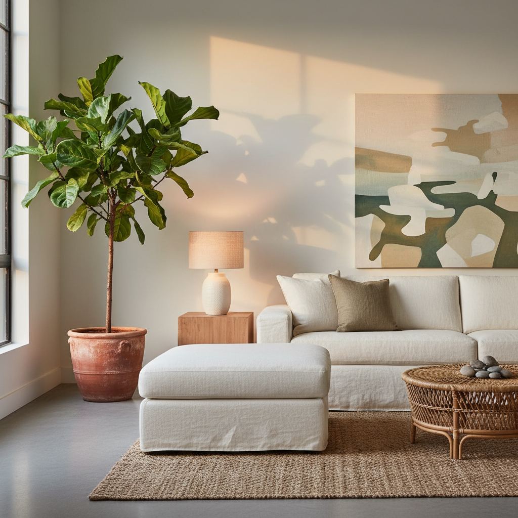 A living room featuring a large Fiddle Leaf Fig, a linen modular sofa, a rattan coffee table, natural elements, and warm lighting.