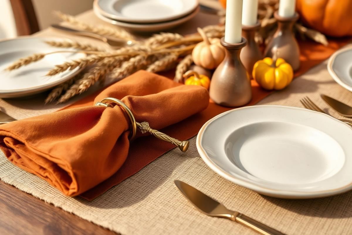 Elegant Thanksgiving table setting featuring layered linens, a sophisticated botanical centerpiece, and flickering candlelight.