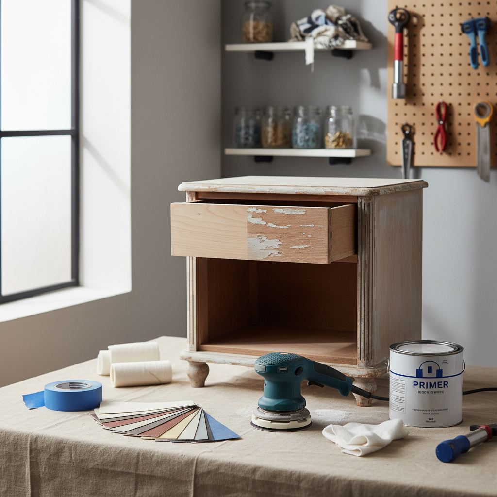 Organized upcycling workbench with sanding tools, primer, and partially prepped furniture piece for a seamless project start.