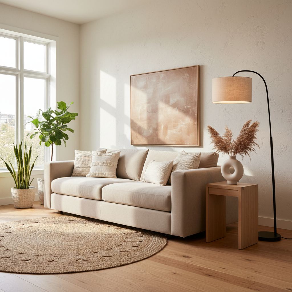 A warm, inviting living room featuring a cream sofa, a jute rug, and a wood side table under soft lighting.