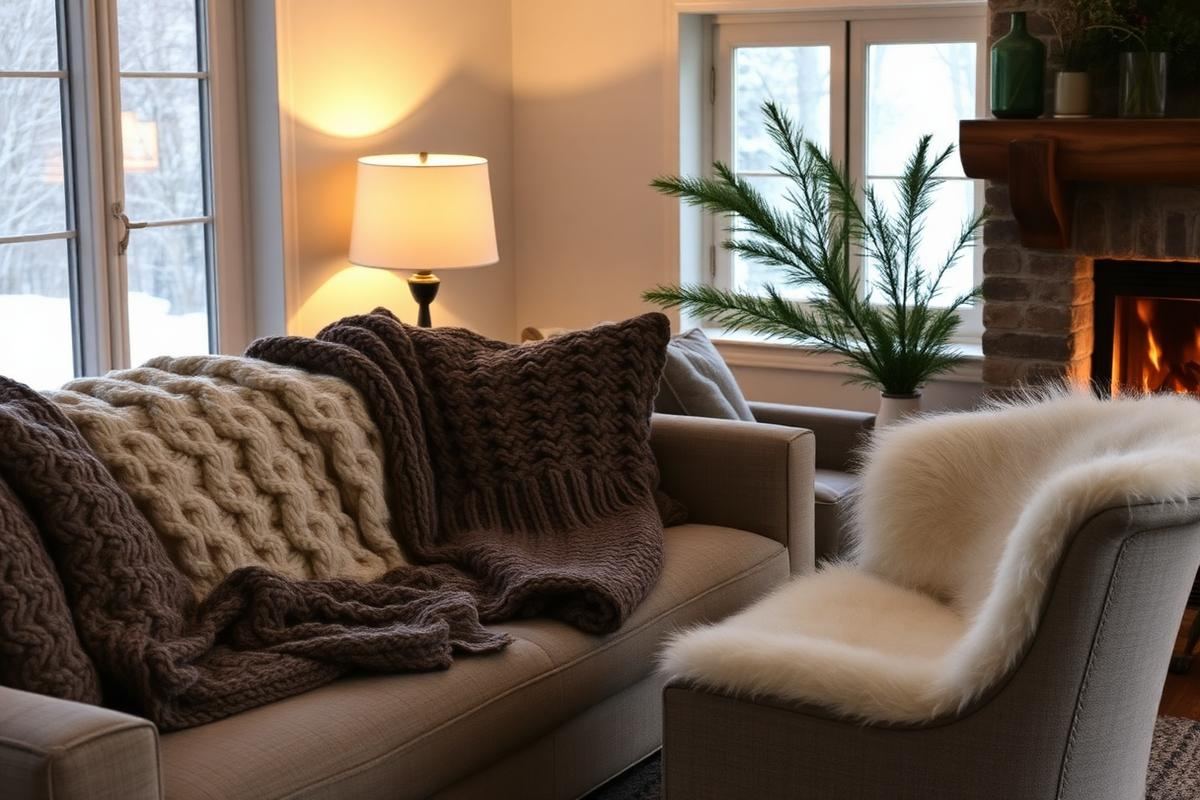 A cozy winter living room with layered textiles, warm lighting, and natural accents on a mantelpiece.